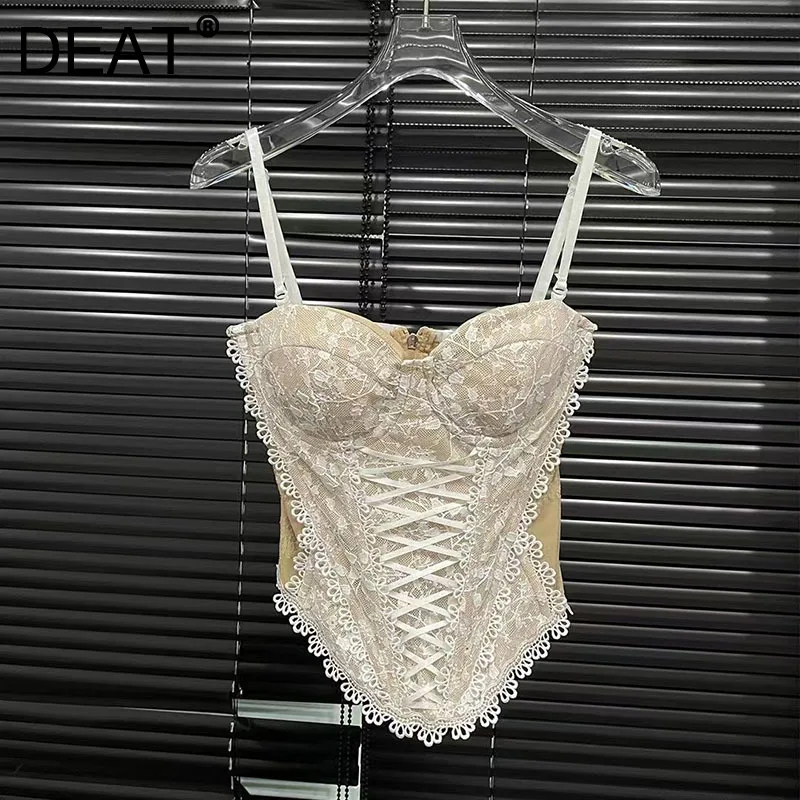 DEAT Fashion Lace Hook Flower Strap Camisole For Women 2025 Spring New Trendy Slim Zipper Sling Vest Female Female 11A02356