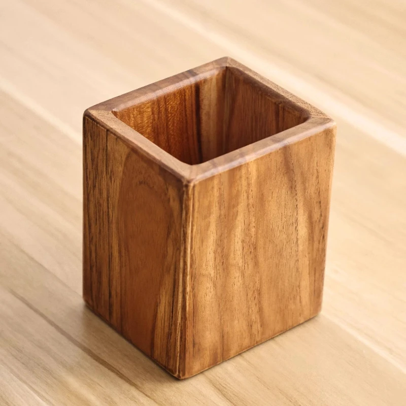 Wooden Round Creative Pen Holder Minimalist Desktop Ornament Multifunctional Storage Box Calligraphy Writing Studying Supplies