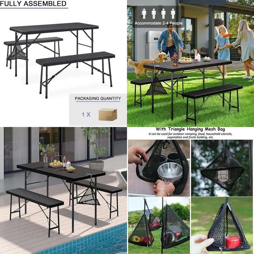 

Portable Outdoor Patio Set: 3-Piece Rattan-Style Table with 2 Benches, Weather-Resistant, Black