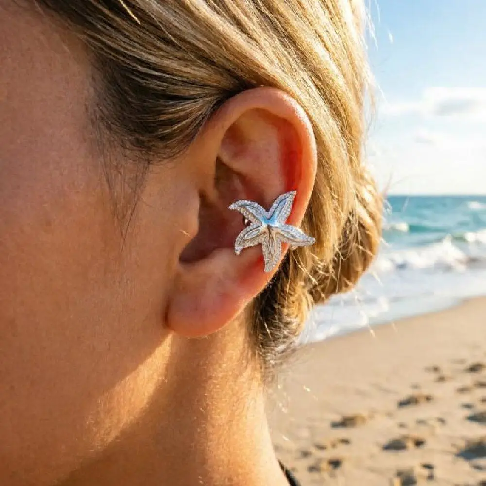Punk Flower C Shape Ear Cuff Golded Silver Starfish Shell Ring Clip Minimalism Metal Stud Earrings Wear