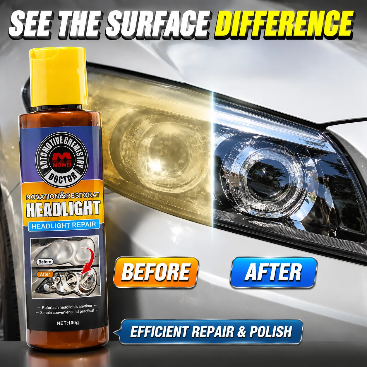 Car Headlight Restoration Liquid, Efficient DIY Polish, No Disassembly Needed, Removes Yellowing Oxidation for Crystal Clear Len