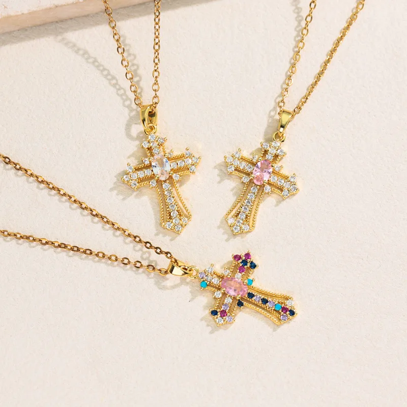 2026 New European and American Style Baroque Full Set Zircon Personalized Cross Pendant, Fashionable Unisex Collarbone Chain