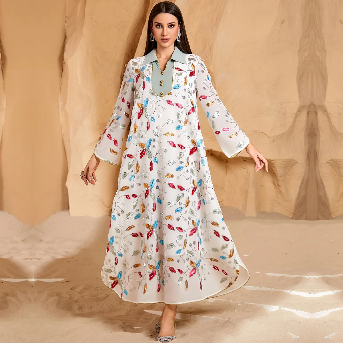 

4068 Embroidered Dress Women's Arab Traditional Robe Summer Thin Long Sleeve Loose Skirt Ramadan Dubai Luxury Islam Elegant