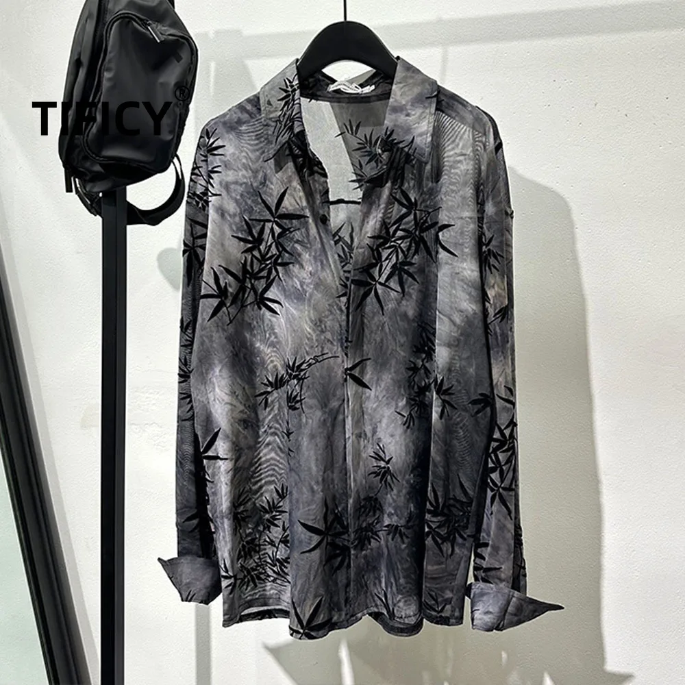 

High Street Shrirts Women's Fashionable Retro Tie Dye Bamboo Leaf Design Black Gray Tie Dye High-end Loose Long Sleeved Shirt