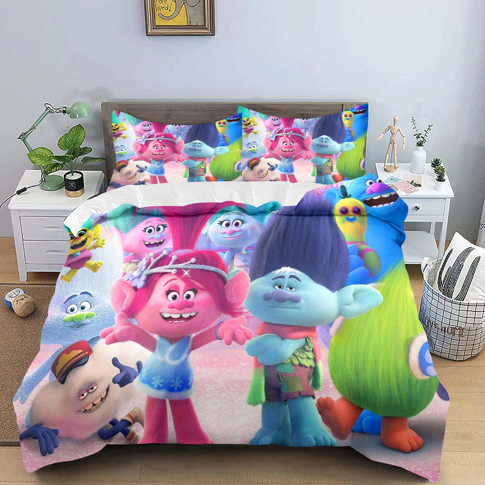 Trolls-funda nórdica con estampado de dibujos animados para niños, juego de dormitorio de poliéster, regalo para adultos, ropa de cama de 2/3 piezas