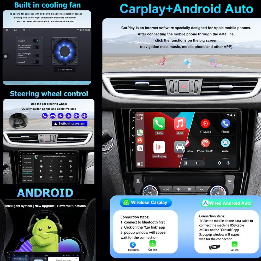 Autoradio Android Auto, Navigation GPS, Carplay sans fil, Limitation DSP, Lecteur vidéo, 4G, Stéréo, Volvo XC70, V70, S60, 2004 - 2009