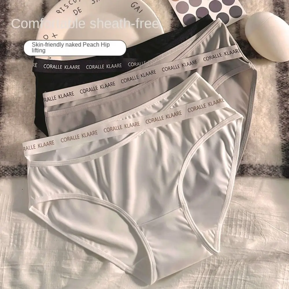 

Elastic Letter Ice Silk Panties Soft Ultra Thin Middle Waist Briefs Cotton Crotch Japanese Style Seamless Lingerie Female