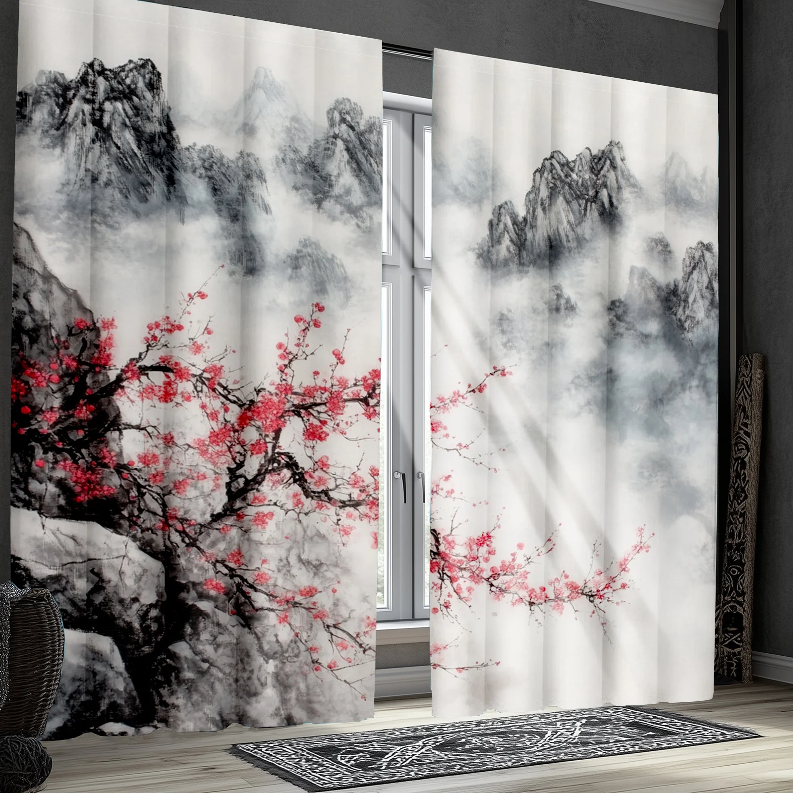 2pc Cherry blossom tree and mountain print curtains, polyester fabric, machine washable, suitable for bedroom and living room