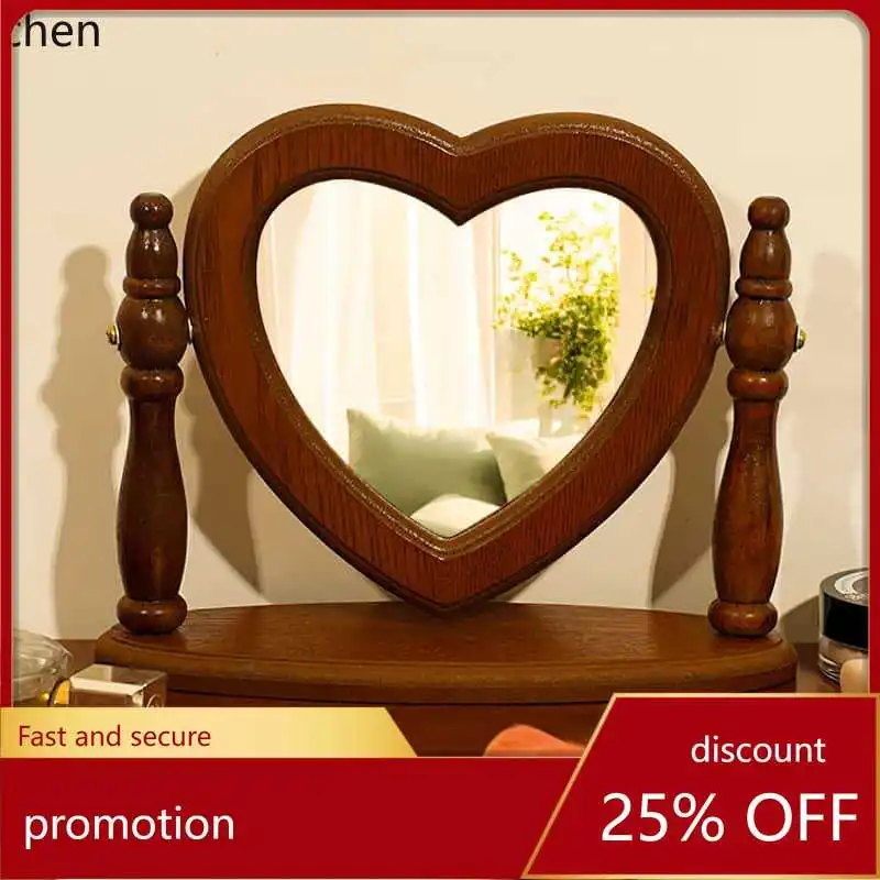 YFY  retro mirror wooden makeup mirror desktop decoration stand-up girl bedroom vanity mirror photo prop
