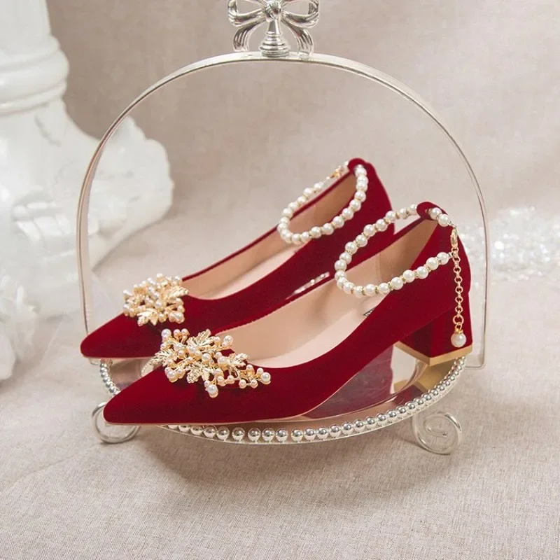 Red High Heel Wedding Shoes for Women 2023 New Lace-up Beaded Bride Toasting Wedding Dress Two-Way Not Tired Feet Women Shoes