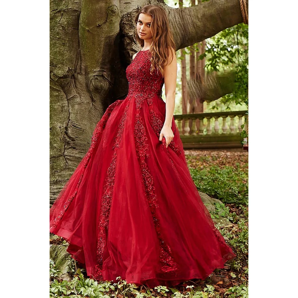 Red Wedding Dress Luxury Appliques Beaded Sleeveless O-Neck Floor Length A-Line Sweep Train Formal Occasion Elegant Bridal Gown