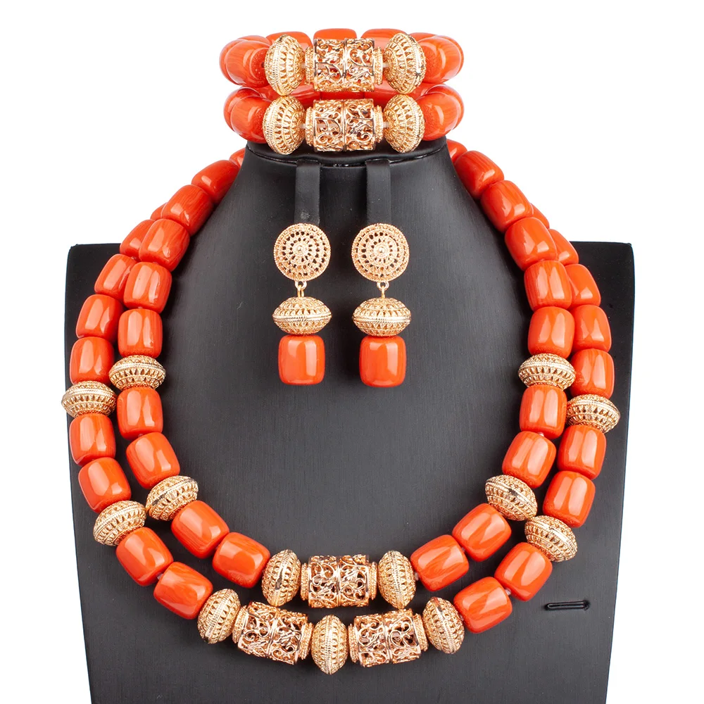 High Quality 2 Layers Artificial Coral Bead African Wedding Jewelry Set Women Necklace Nigeria Bride Party Gift Free Shipping