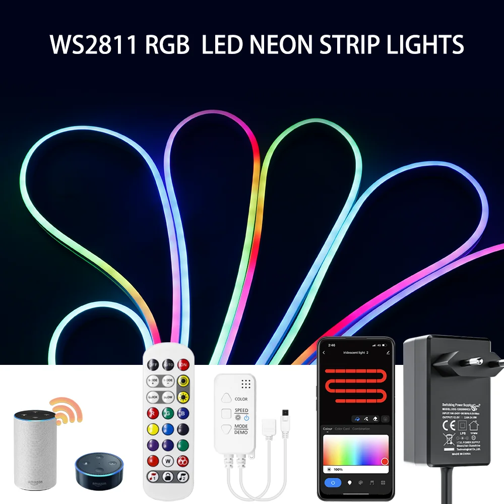 LED RGB neon strip lights WS2811 Smart Full Color flexible led light with 24keys Tuya Bluetooth control for home decoration IP67