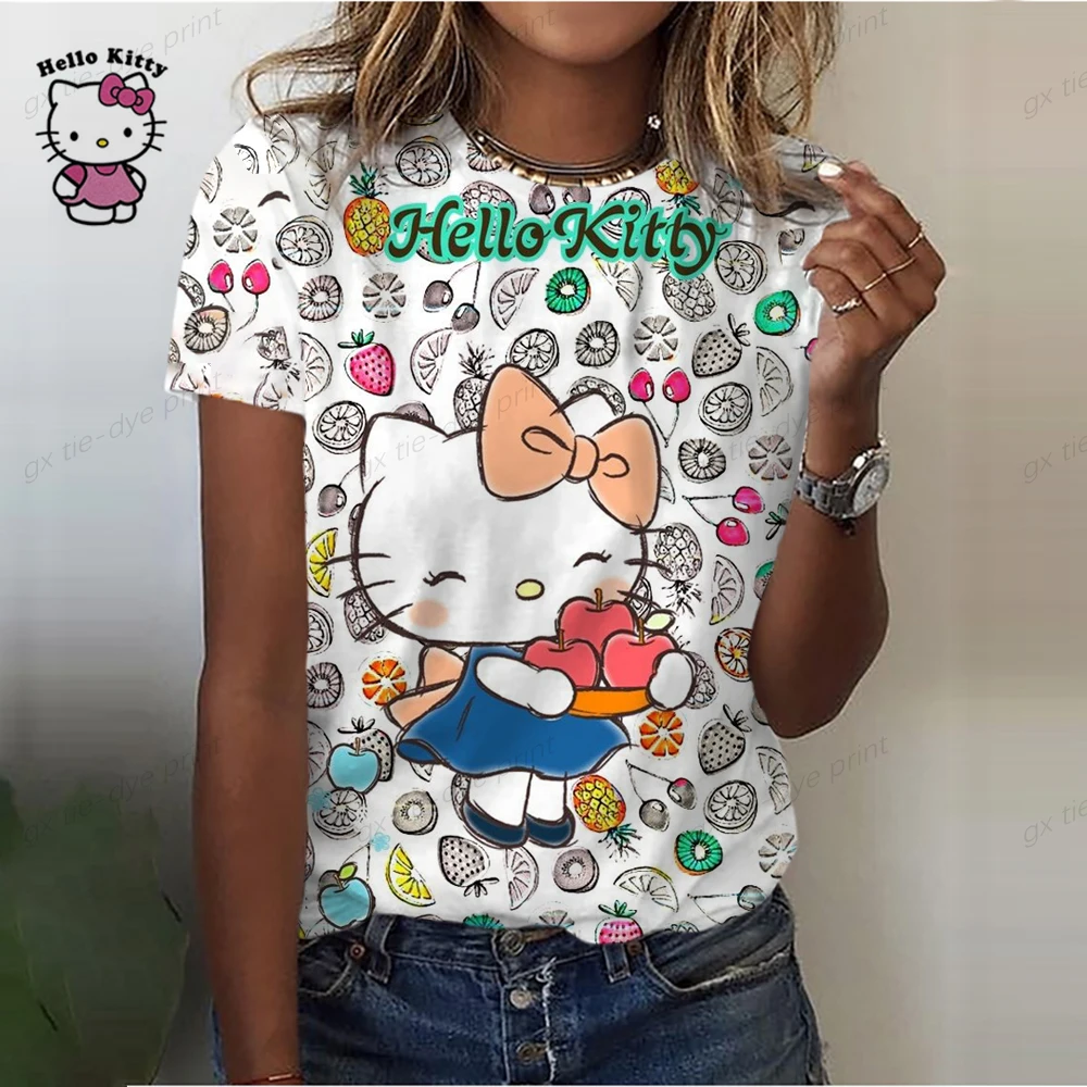 Ladies O-Neck Cartoon Print Tee Top 2023 New Summer Women Hello Kitty Print T Shirt Street Casual Loose T Shirts