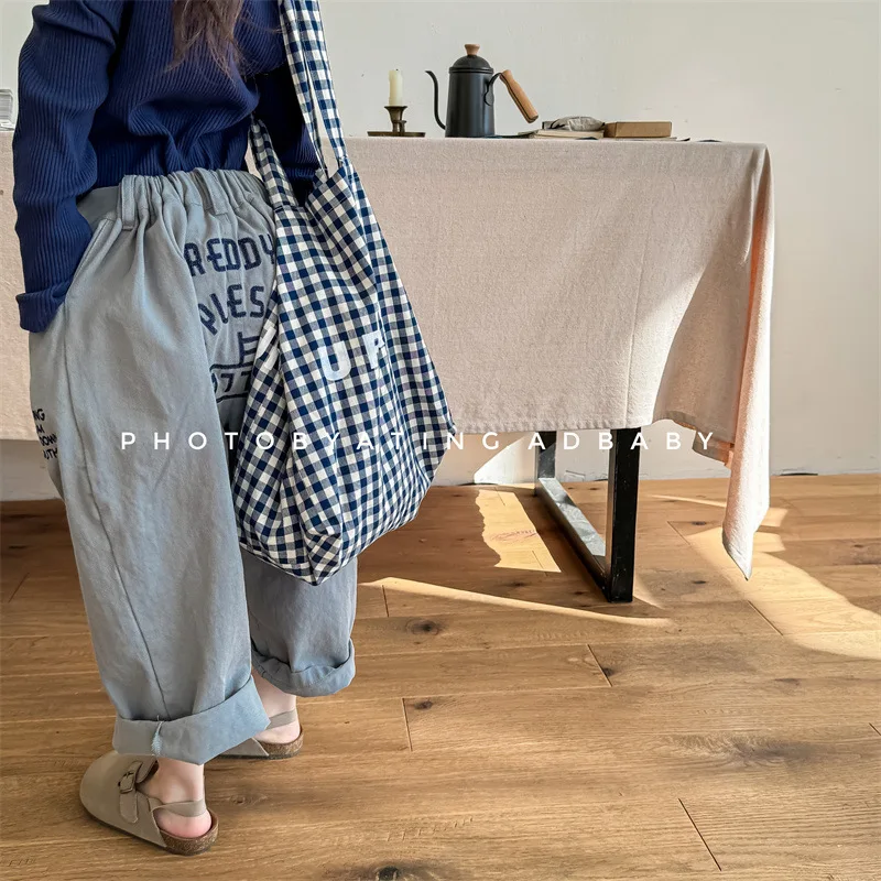 2026 Spring New Children Loose Trousers Baby Girl Letter Embroidery Straight Leg Pants Toddler Boy Casual Pants Kids Harem Pants