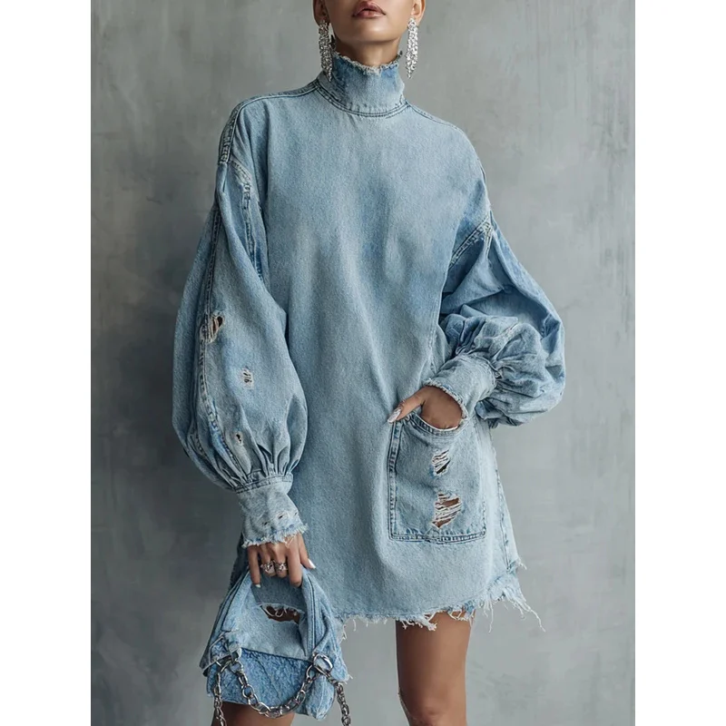 

Модное джинсовое мини-платье с высоким воротником, рукавами-фонариками, карманами и прорезями, свободного кроя, синее, для вечеринок, весна-осень, в стиле ретро