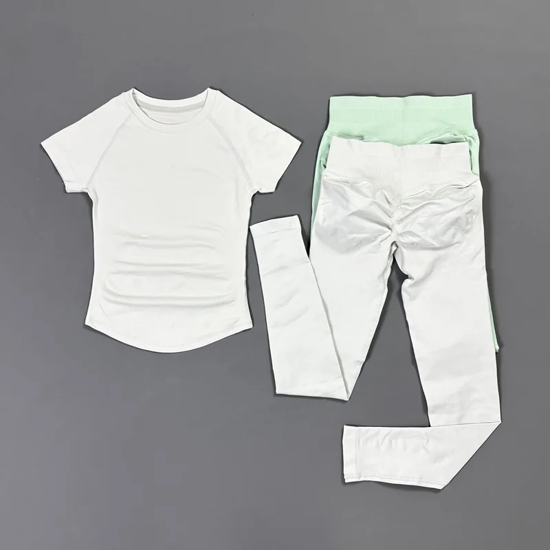 2-teiliges HISTELLO Fitness-Set für Damen Hochelastisches Nahtloses Kurzarm-Oberteil Low-Waist-Leggings Bauchkontrolle Po-Lifting Yoga-Gym-Set – Detail 6