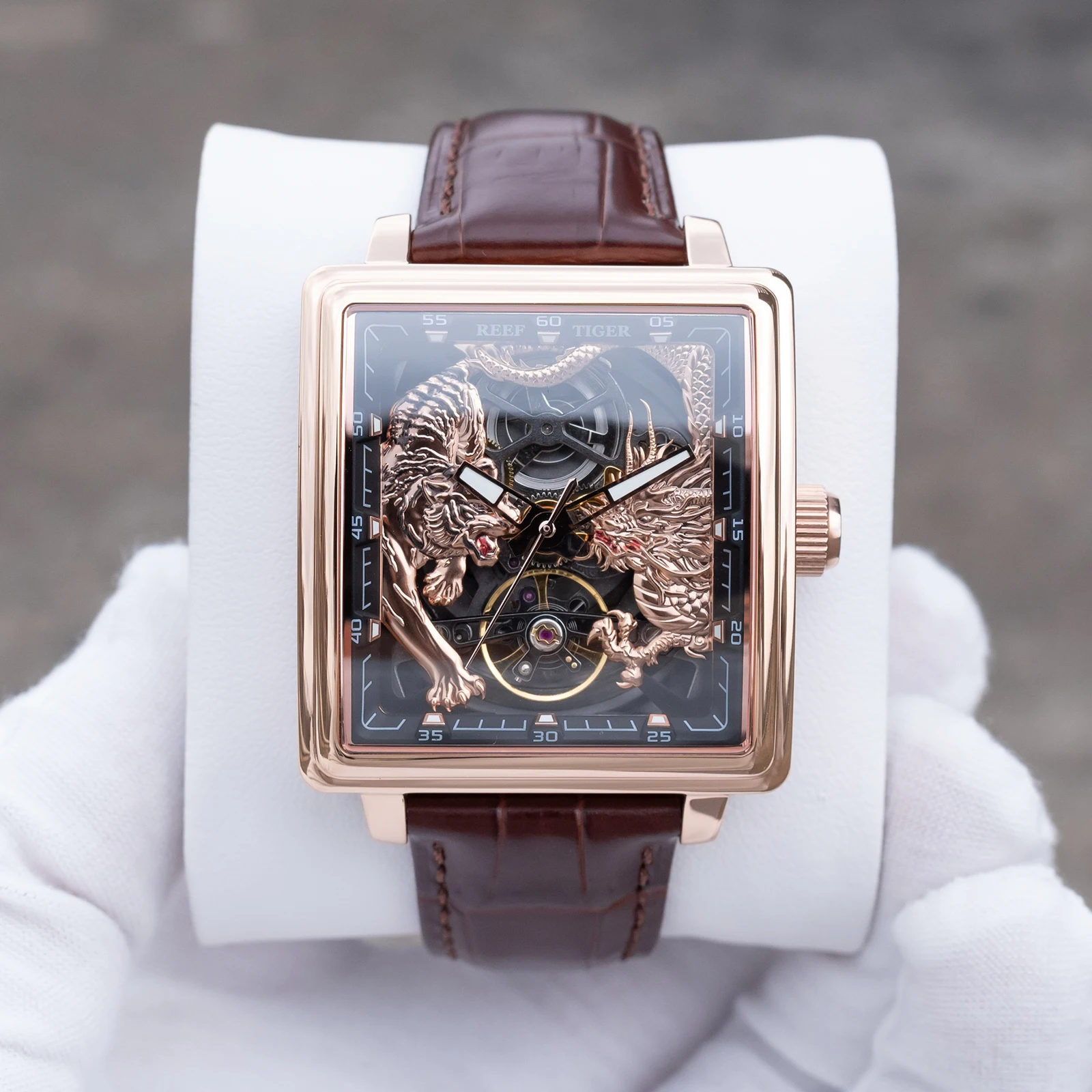 Reloj Automático para Hombre Reef Tiger RT, Estilo Único Dragón-Tigre, Tourbillon Cuadrado, Movimiento Mecánico, Correa de Cuero Genuino, RGA5026-T