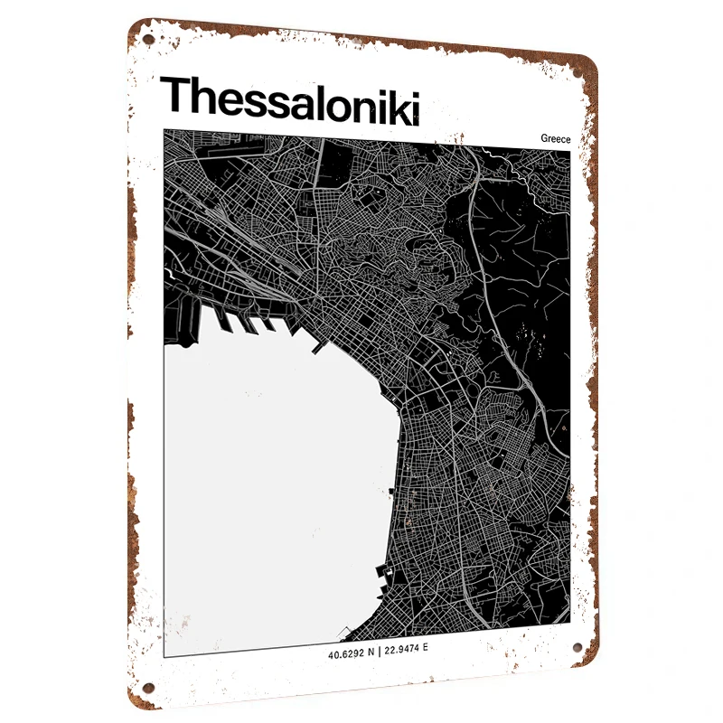 Thessaloniki Greece City Map Metal Wall Art Modern Home Decor Minimalist Urban Poster