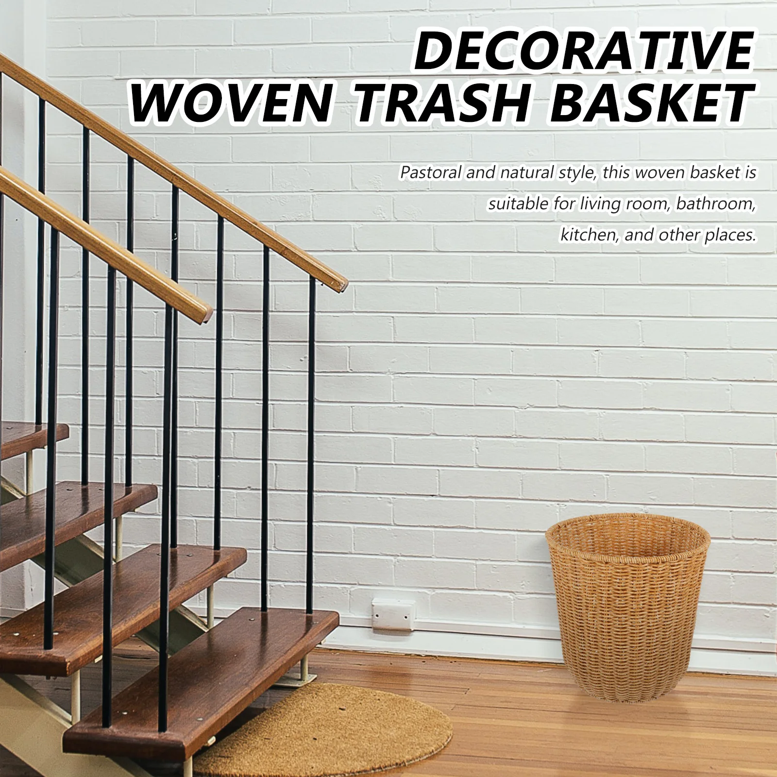 

Woven Waste Basket Imitation Rattan Trash Can Storage Holder Rustic Design for Living Room Kitchen Bathroom