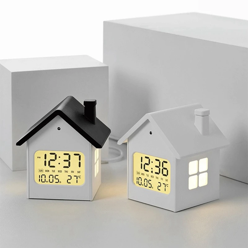 

Home Decor House-Shaped Clock Multifunctional Children'S Clock Bedside Clock with Night Light and LCD Display B