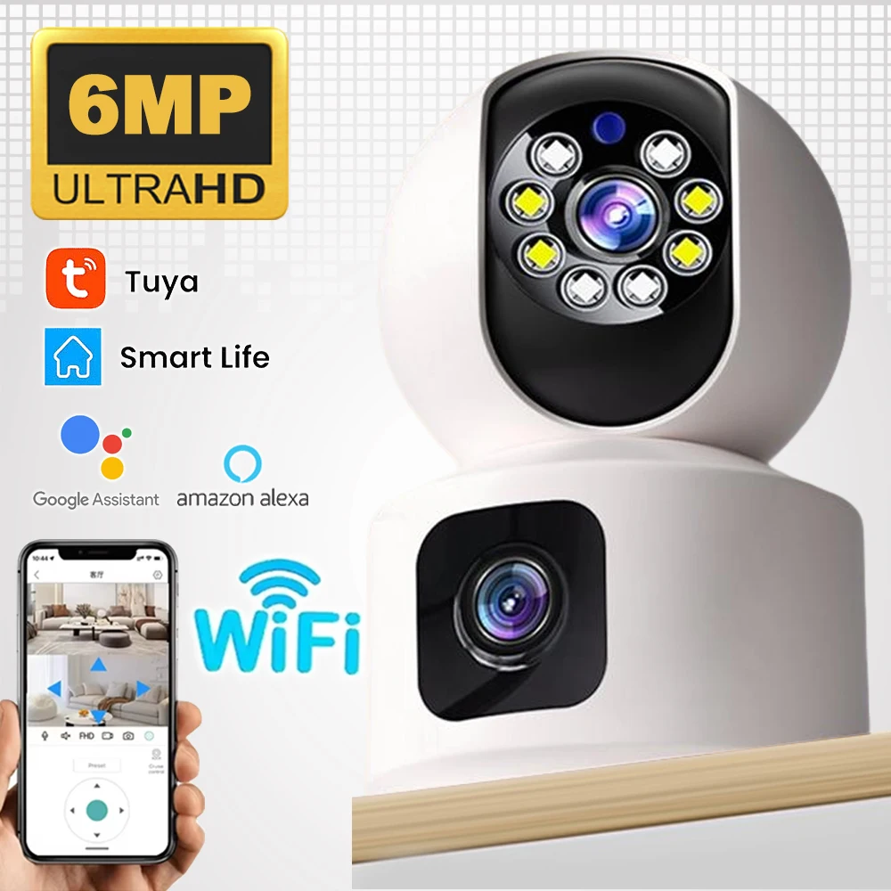 6MP Tuya 2.4G/5G Dual Band WiFi Camera, 4K HD PTZ Dual Lens Indoor Camera with Auto Tracking & Dual Screen Security Surveillance
