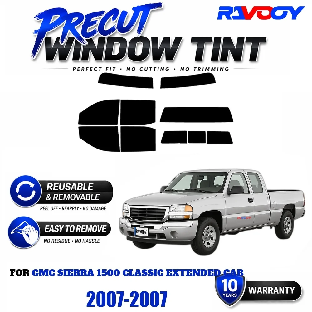 Precut Window Tint, Reusable Removable EPU Film, Custom Fit for Gmc Sierra 1500 Classic Extended Cab 2007, UV Heat Protection
