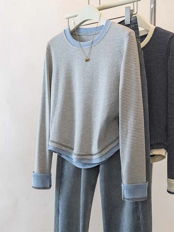 Korean Sle Striped Long Sve T-irt Women's Early Autumn Design Base Layer irt Versatile Slimming Top Trendy Casual Wear