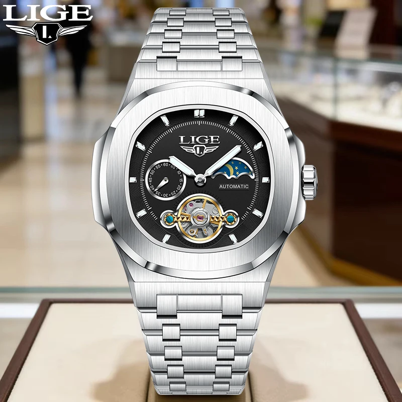 

Мужские механические часы LIGE Simple Luxury Casual, классические, из нержавеющей стали, водонепроницаемые, автоматические, с турбийоном, в коробке.
