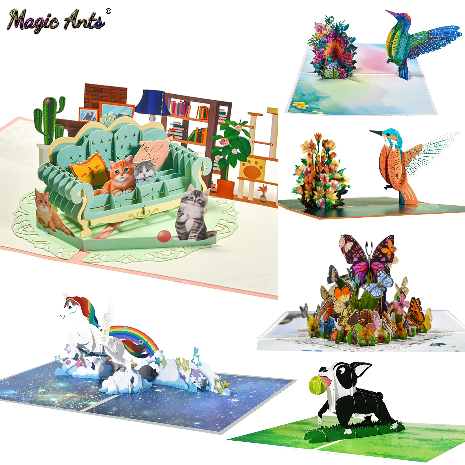 3D Animals Pop up Card Birthday Greeting Card Butterfly Unicorn Hummingbird Cat Dog Gift for Kids Children Baby Shower