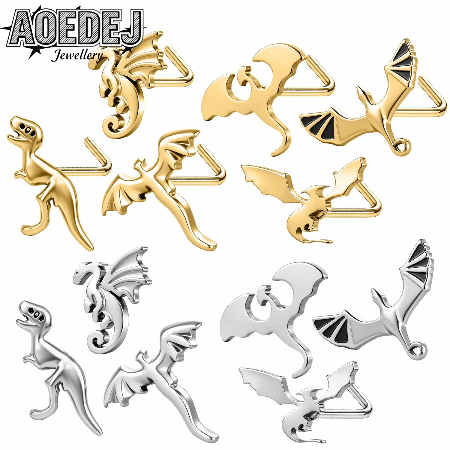 AOEDEJ 20G 1 PC-5pcs/lot Stainless Steel Nose Stud Women Men Nose Piercing Unique Dragon Dinosaur L Shape Nostril Body Piercings