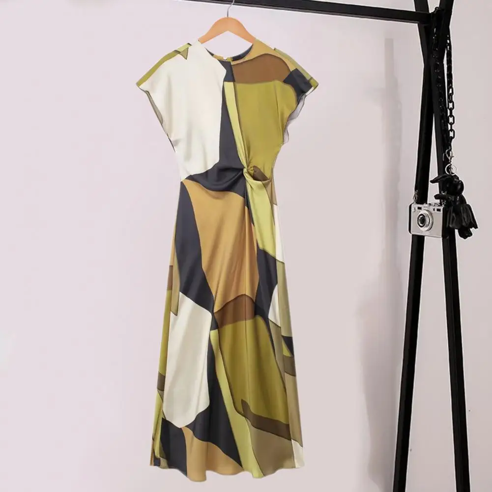 Elegante Colorblock estampado vestido de cetim midi feminino com mangas esfarpadas, verão