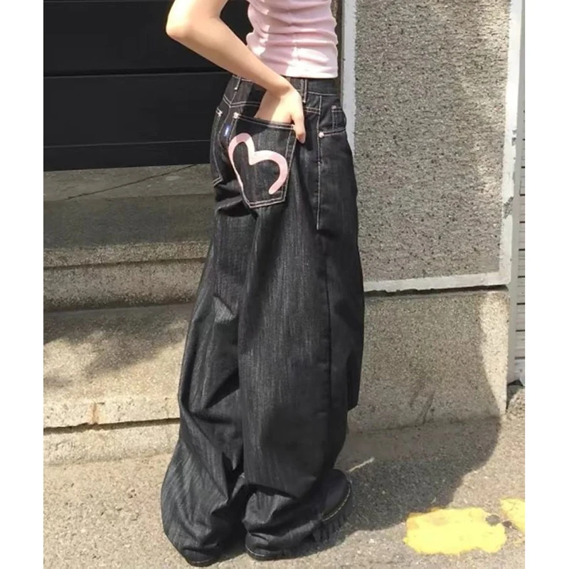 American Pocket Love Denim Jeans Women Streetwear Hip Hop High Waist Loose Wide Leg Jeans Autumn High Street Retro Straight Pant