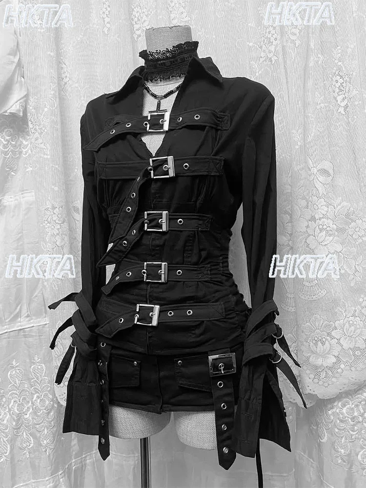 الظلام Y2K ثقافة فرعية قميص أسود بلايز المرأة الخريف جديد القوطي شارع العليا هالوين سليم التلبيب طويلة الأكمام حزام الساخن فتاة Blusas