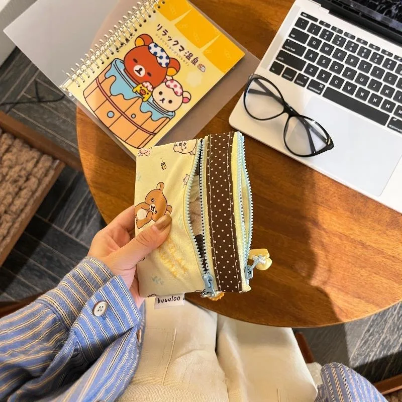 

Популярная оригинальная двухслойная косметичка Rilakkuma с цветовыми блоками, милая вместительная сумка для хранения карт и документов, кошелек для монет, подарок на день рождения