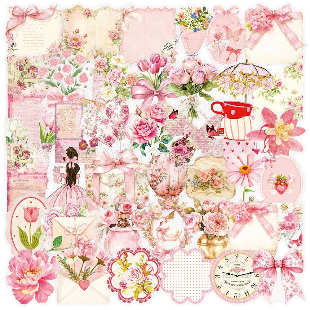 10/30/50pcs Transparent Pink Flower Cartoon Stickers Aesthetics Waterproof Graffiti Scrapbook Stationery Diary Kawaii Sticker