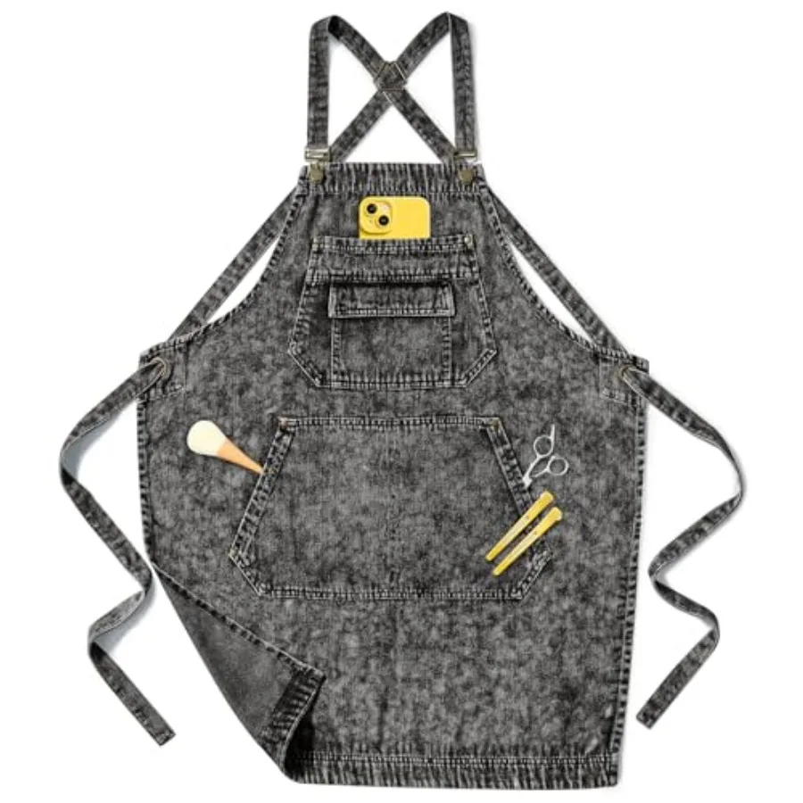 

Denim Apron with Pockets for Hair Stylist Gardening Craftsmen Barista Women Hairdresser Jean Work Apron Cross Straps