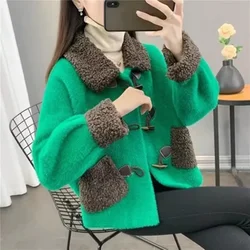 2024 Spring Autumn New Women's Mink-like Wool Coat Female Short Loose Joker Horn Button Jacket Solid Color Thickened Overcoat