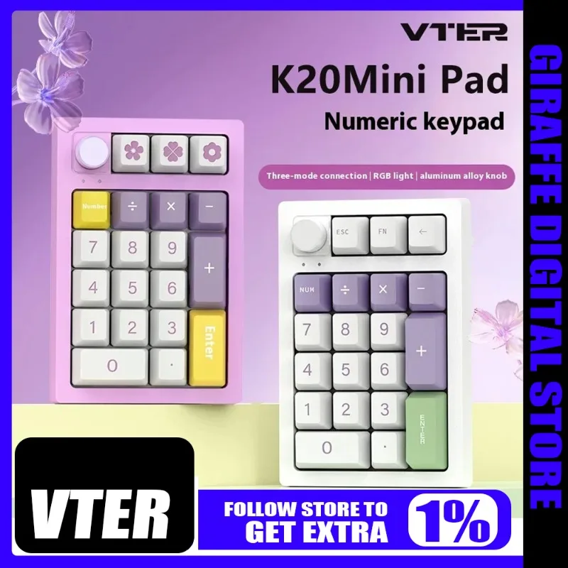 

Мини-цифровая клавиатура VTER K20, трехрежимная беспроводная Bluetooth 2,4G RGB, эргономичный дизайн, горячая замена, Bluetooth с возможностью горячей замены и ручкой