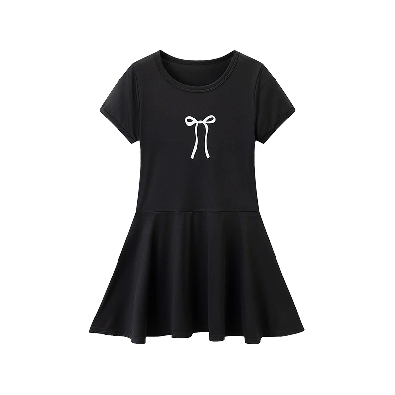 Girls' Summer Fashion Bow Print Dress, Children's Casual Versatile Knee Length Skirt, Comfortable Round Neck Cute Pleated Skirt