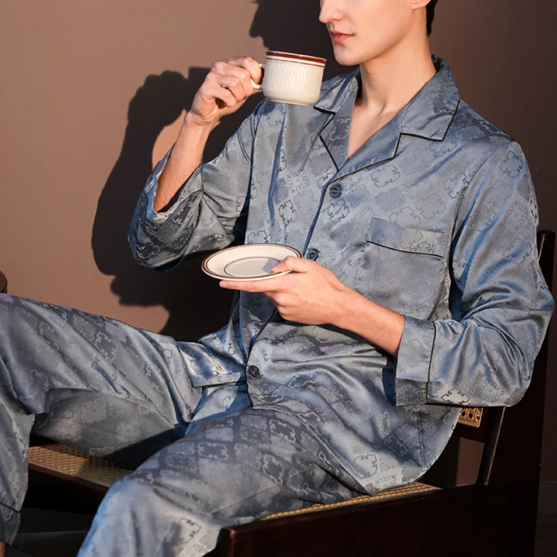 Plus Size Men's Pajamas Set New Luxury Silky Jacquard Trouser Suits Pijamas Spring Loose Satin Male Lounge Wear Home Clothes