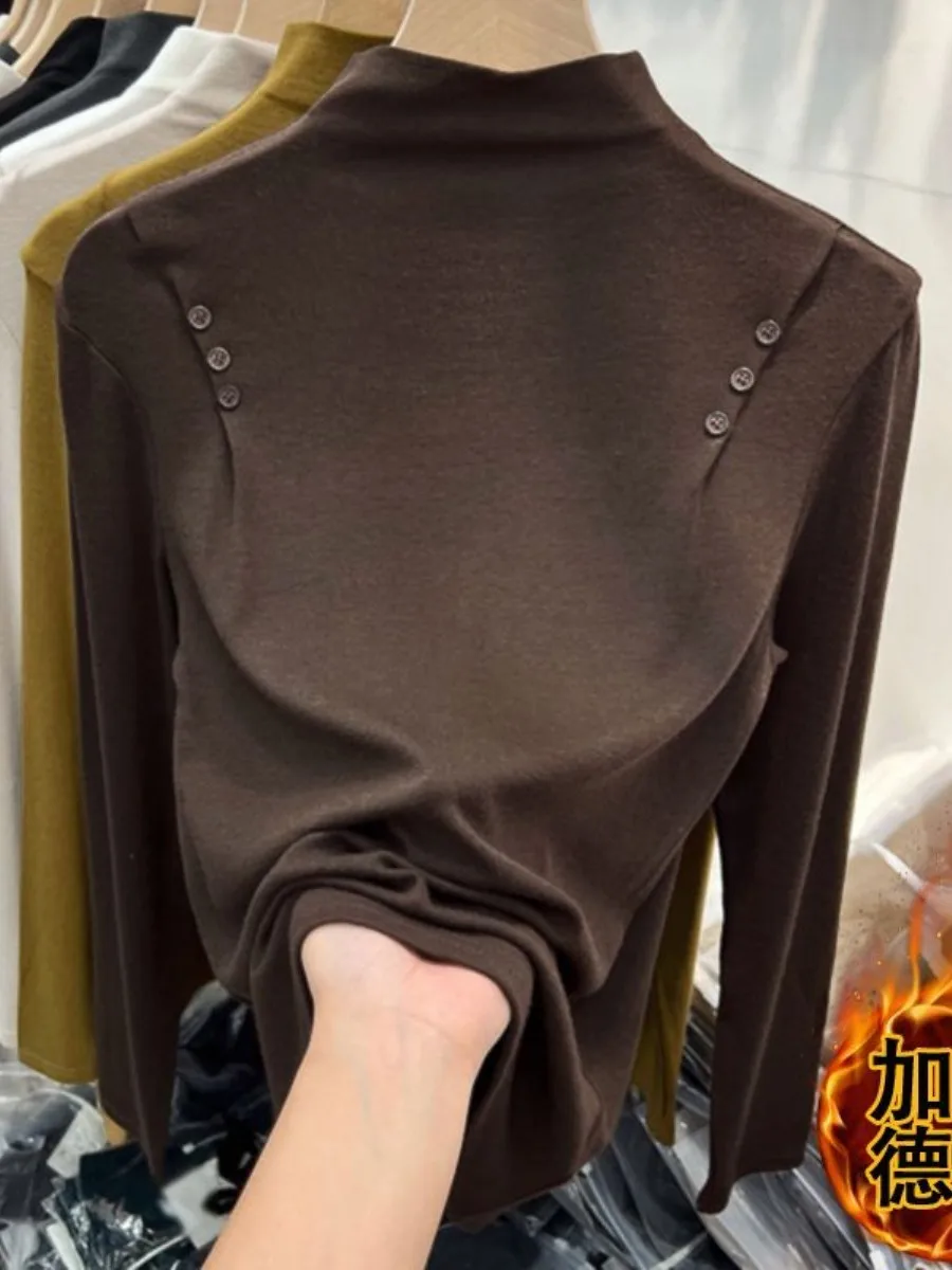 

Women's Button-Up High Neck Long Sleeve T-Shirt Pure Color Inner Wear Top Half High Collar Autumn Winter New Style Set