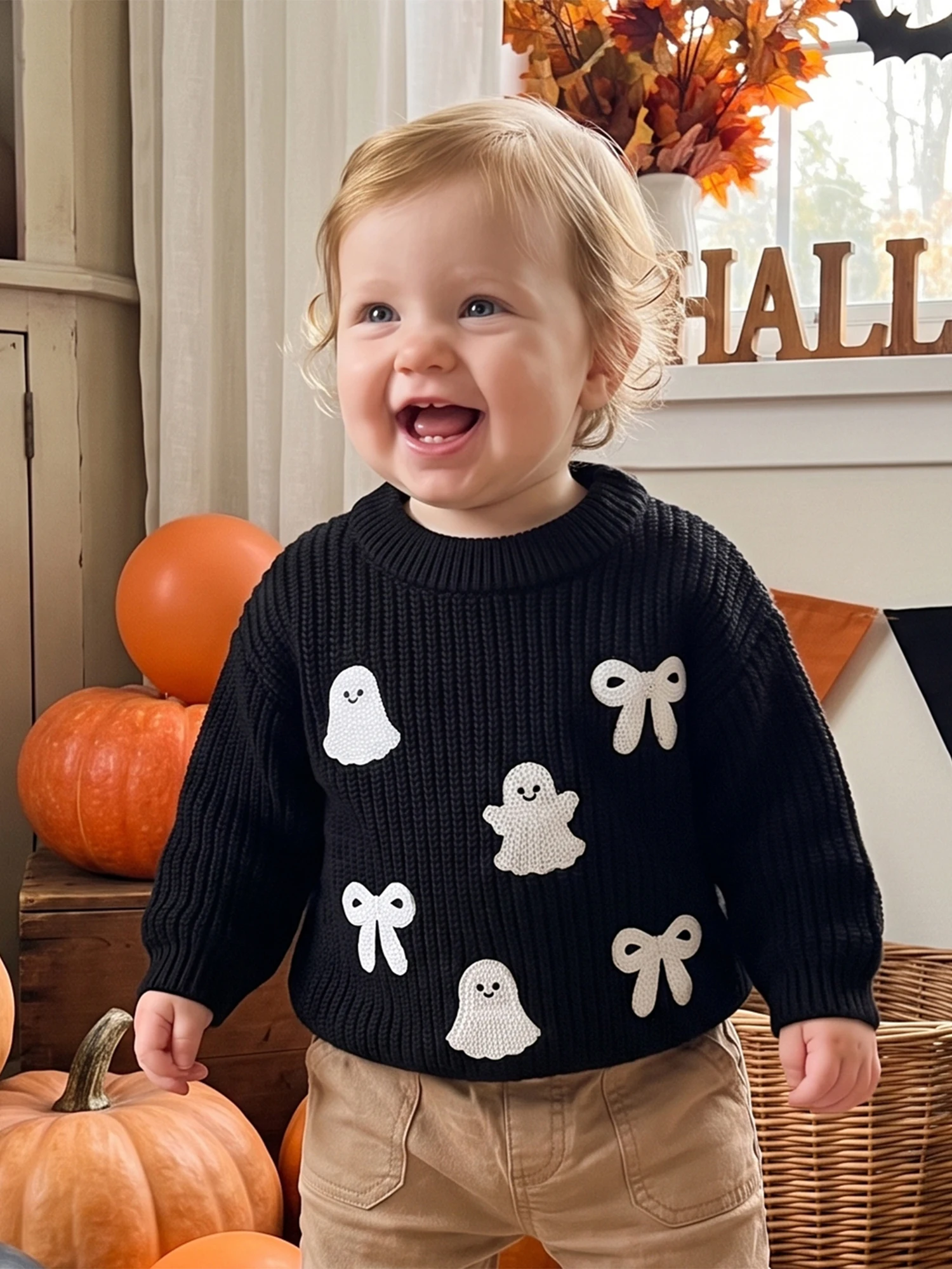 Ghost-Bow Crew Neck Ghost Girls Long Sleeve Winter Clothes Halloween Girls Warm Winter Bow Halloween Girls Sweater