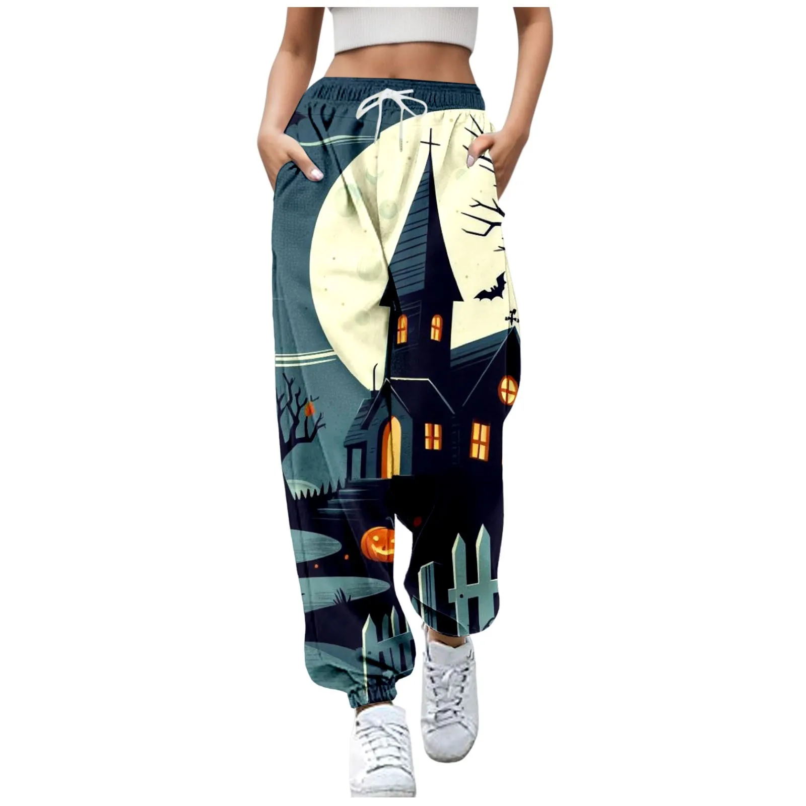 High Waisted Elastic Lace Up Athletic And Casual Women's Casual Pants For Women Autumn And Winter Halloween Printed pants