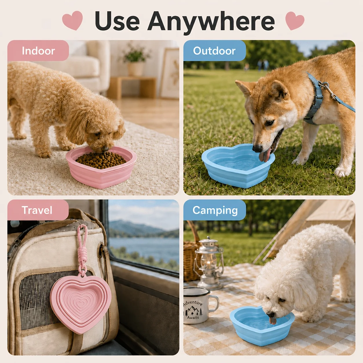 Collapsible Pet Bowl Silicone Food Grade Heart Shaped Portable Dog Cat Food Water Container With Hook Outdoor Travel 350ml