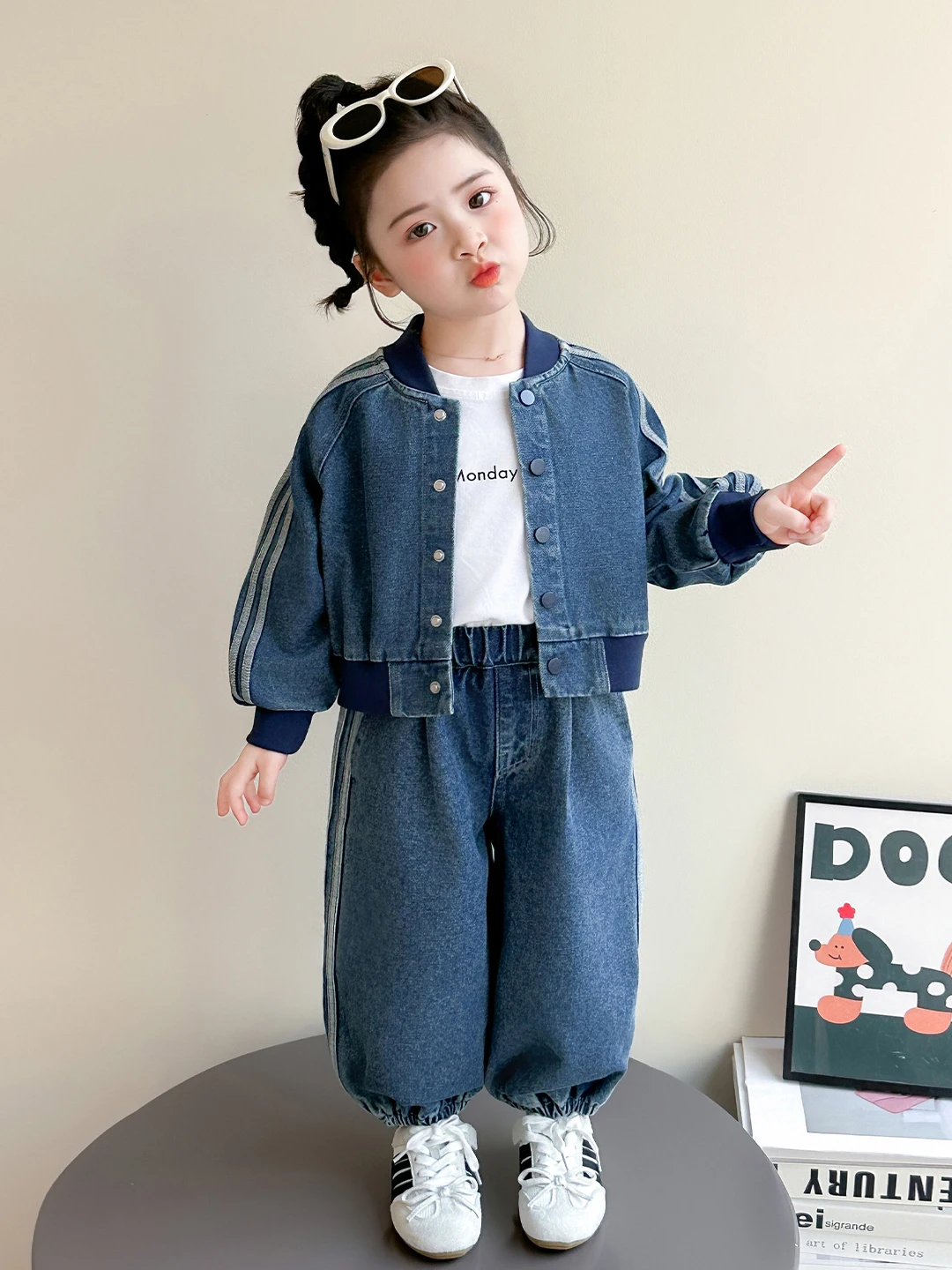 

Girls Spring Faionable Denim Baseball Jaet And Pants Set Baby Cute Outerwear Casual Sportswear Two-Piece Suit High Waist