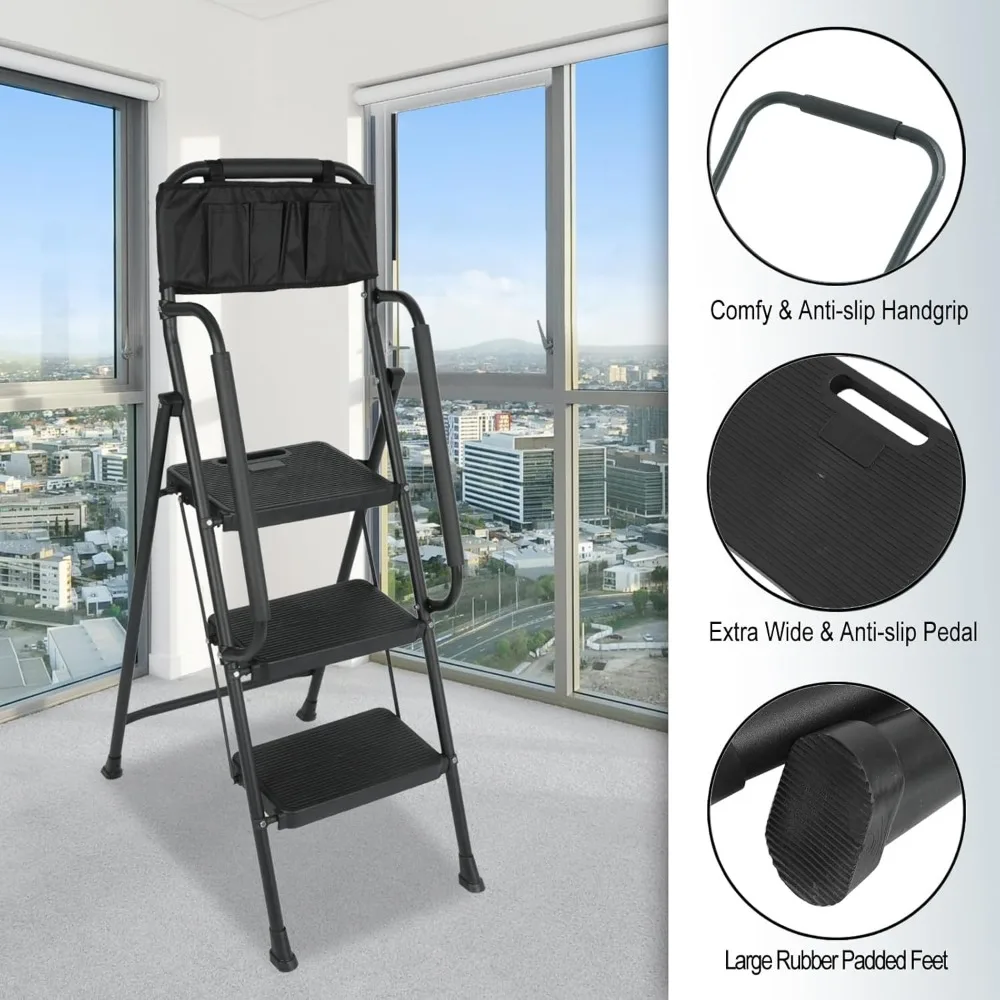 سلم مقعد قابل للطي بسعة 500 رطل، ودواسات واسعة غير قابلة للانزلاق وحقيبة أدوات قابلة للانزلاق لتنظيم ارتفاع مخزن المطبخ #3