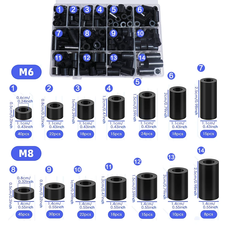 300 Pcs, M6 M8 Nylon Spacer, Round Electrical Outlet Spacers Standoff Non-Threaded Assortment Kit for PCB Motherboard