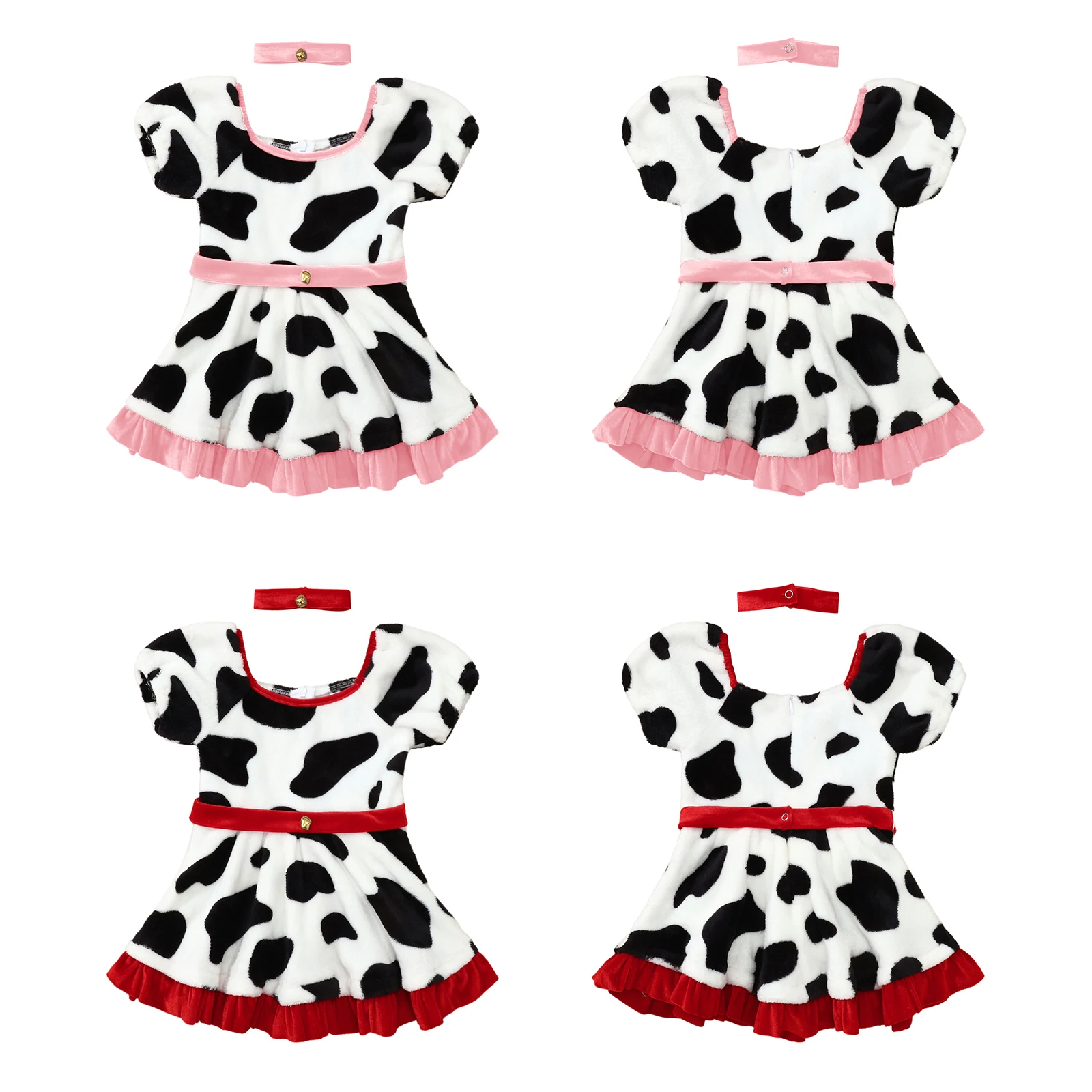 Baby Girls Dalmatian Spotted Dog Cosplay Dress Short Sleeve Soft Velvet Tutu with Belt Choker Halloween Theme Party Costume