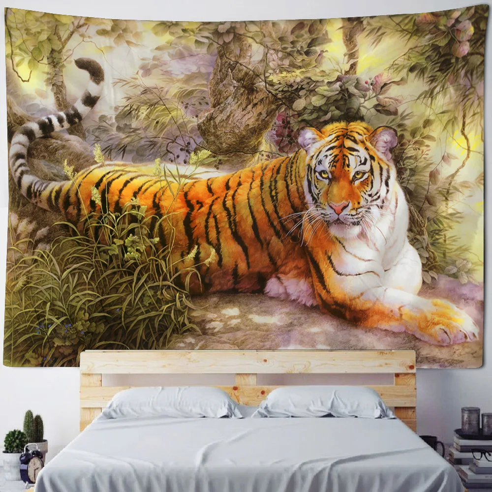 Jungle tiger printed wallpaper, dreamy forest animal art decoration, dreamy hippie cartoon style home bedroom design